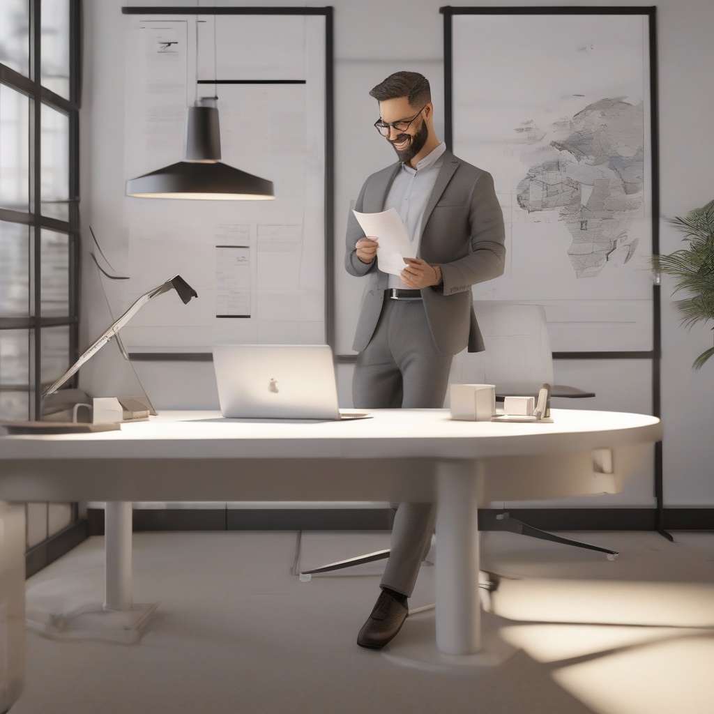 happy client holding documents, smiling accountant in a professional environment, warm and confident atmosphere, (satisfaction:1.5), [minimalistic office decor] - [cluttered background], [informal poses]   [negative words]